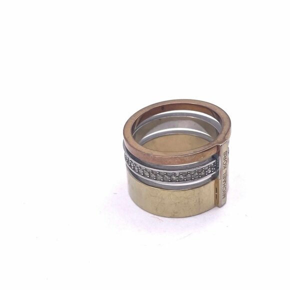 Michael Kors Metallic Tri Tone Pave Rhinestone Stack Barrel Ring Size 6 - Picture 5 of 8